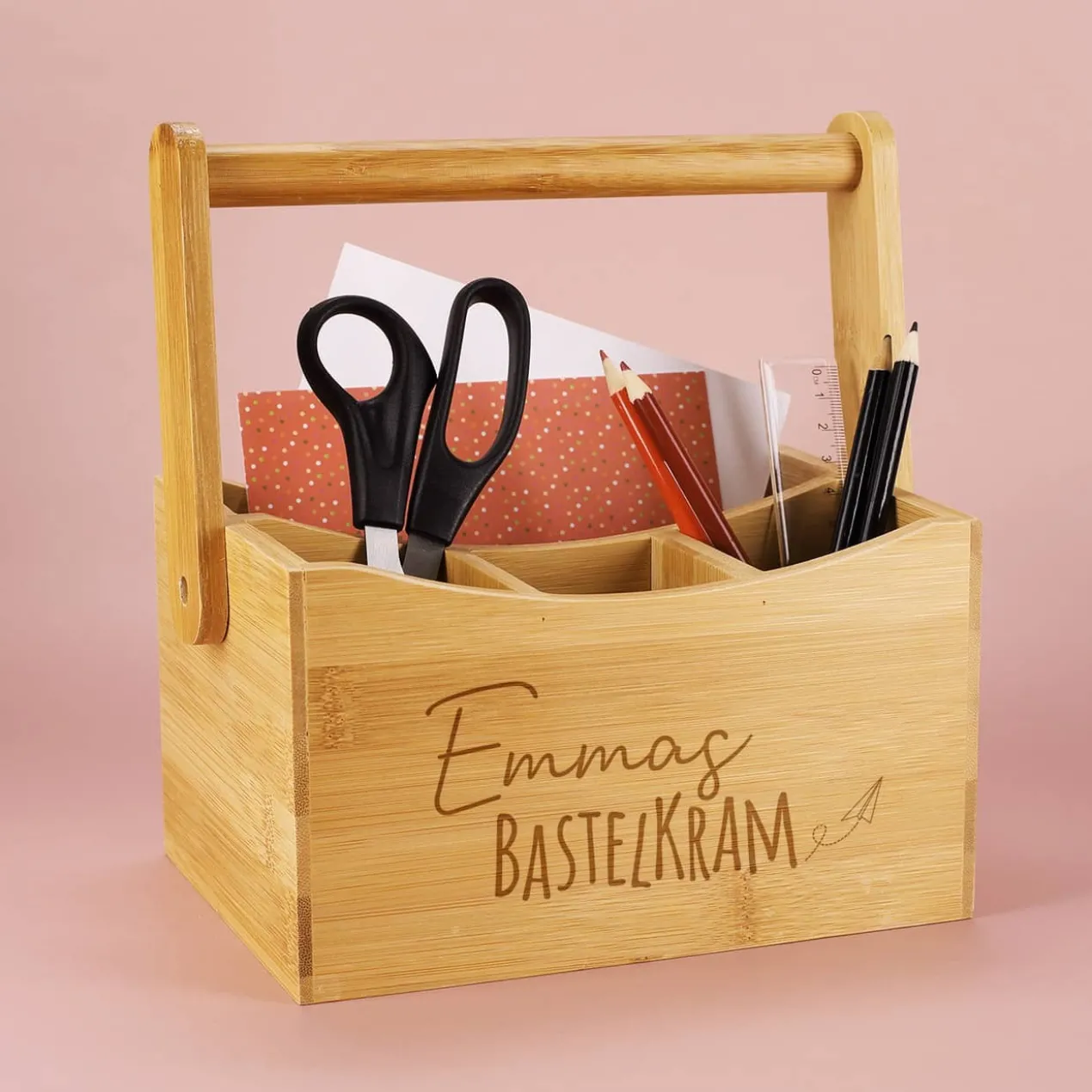 Bastelkram - Bambuskiste für Buntstifte und Bastelutensilien mit Ihrem Wunschnamen