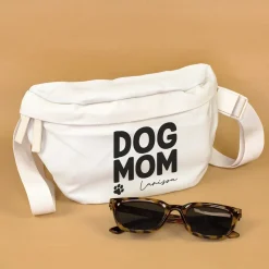Bauchtasche personalisiert mit Name in Beige o. Rosa 'Dog Mom' | Gürteltasche für Hunde Mama & Frauen