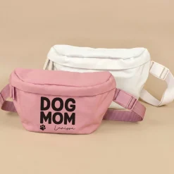 Bauchtasche personalisiert mit Name in Beige o. Rosa 'Dog Mom' | Gürteltasche für Hunde Mama & Frauen