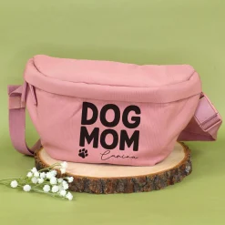 Bauchtasche personalisiert mit Name in Beige o. Rosa 'Dog Mom' | Gürteltasche für Hunde Mama & Frauen