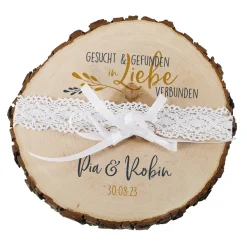 Baumscheibe - Gesucht & Gefunden - als Ringkissen zur Hochzeit mit Namen und Datum