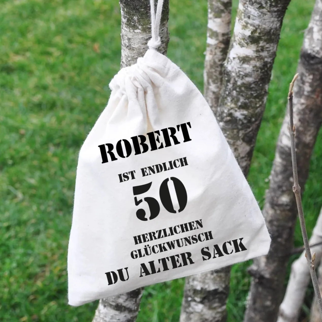 Baumwollbeutel mit Zuziehkordel für den 50jährigen alten Sack