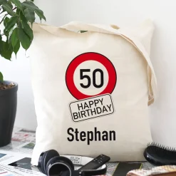 Baumwollbeutel zum Geburtstag mit Achtung-Verkehrszeichen, Alter und Name