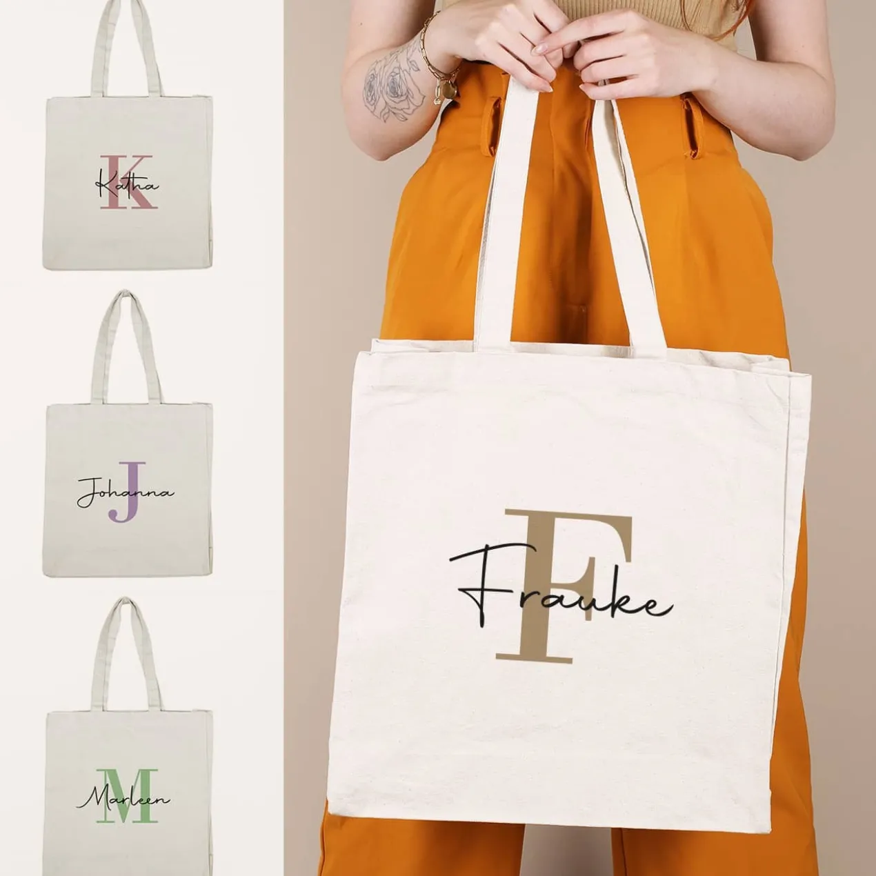 Baumwollshopper mit Initiale und Name in 4 verschiedenen Farben