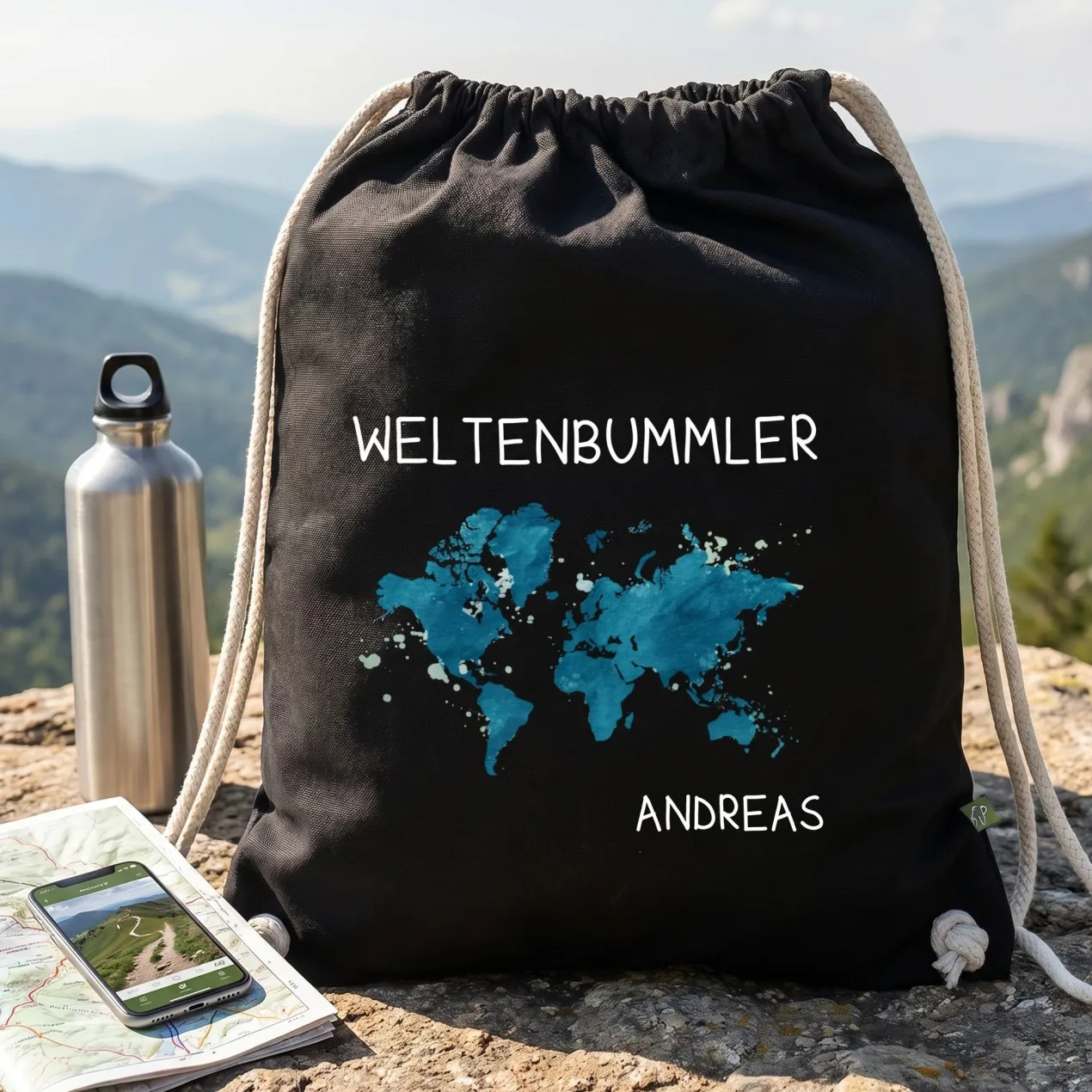 Baumwoll-Sportbeutel für Weltenbummler mit Namen in Schwarz