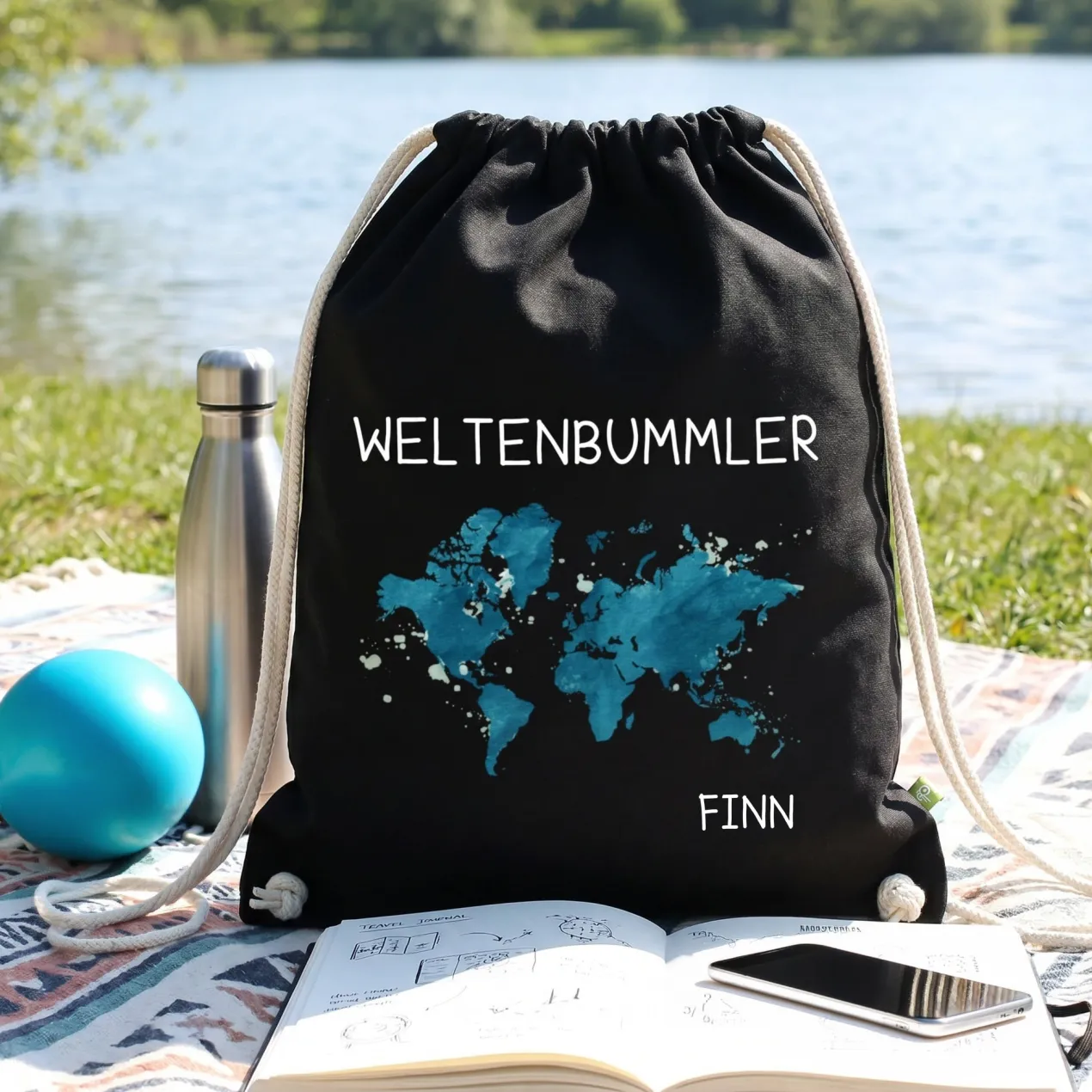 Baumwoll-Sportbeutel für Weltenbummler mit Namen in Schwarz