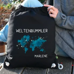 Baumwoll-Sportbeutel für Weltenbummler mit Namen in Schwarz