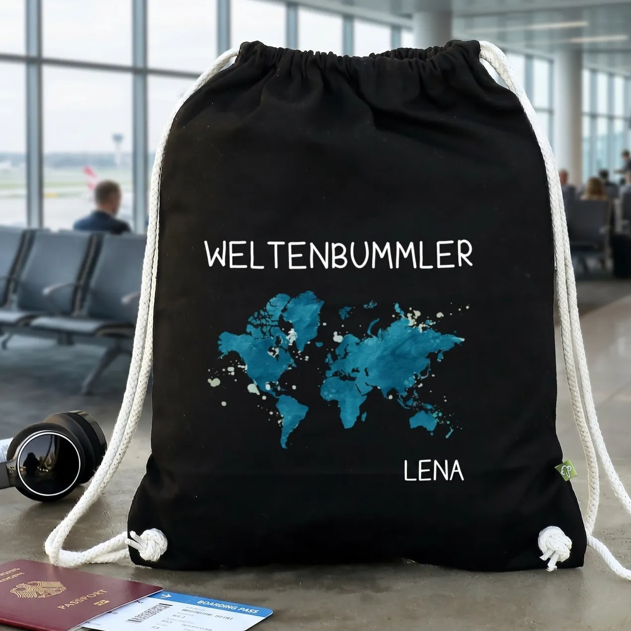 Baumwoll-Sportbeutel für Weltenbummler mit Namen in Schwarz