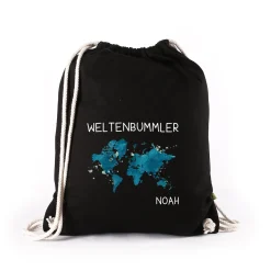Baumwoll-Sportbeutel für Weltenbummler mit Namen in Schwarz