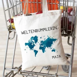 Baumwolltasche für Weltenbummler mit Weltkarte und Name