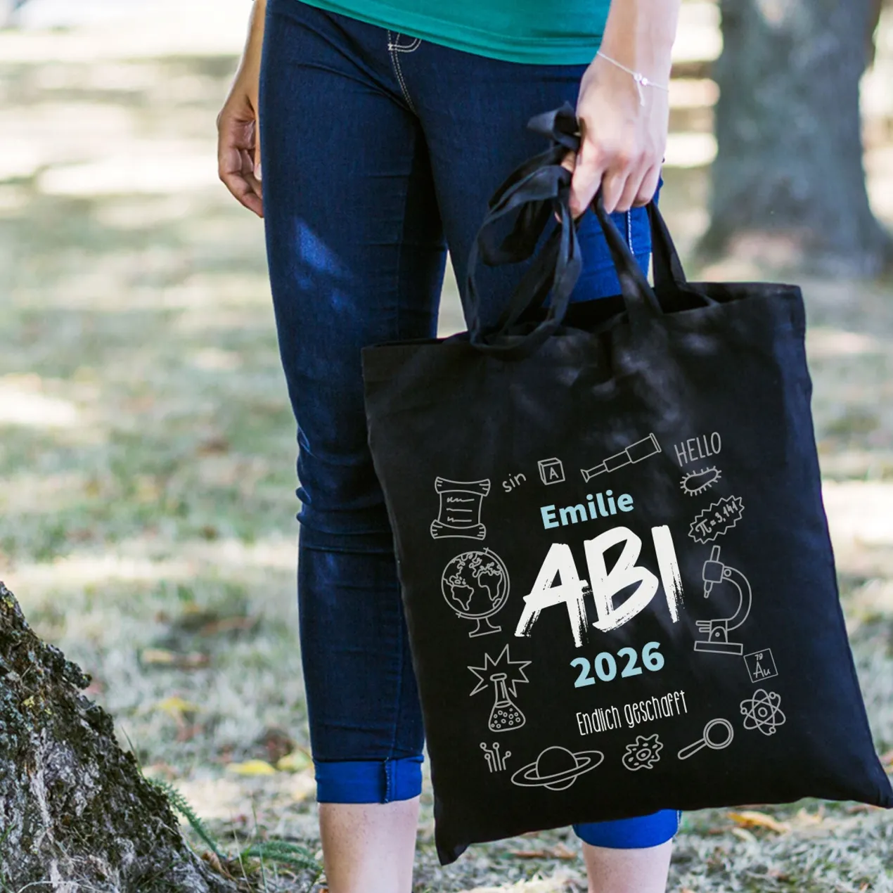 Baumwolltasche zum bestandenen Abitur mit Name, Jahr und Wunschtext
