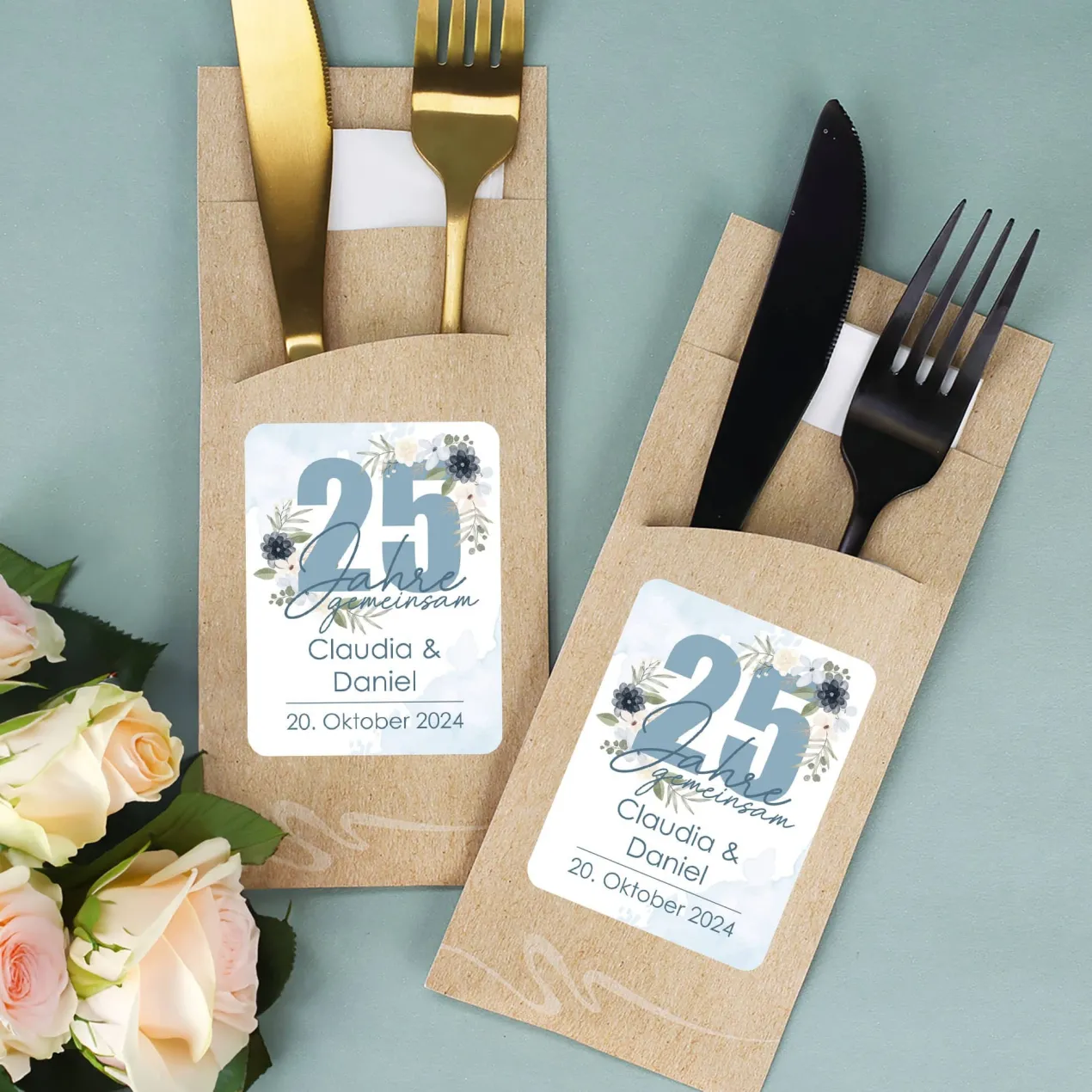 Bedruckte Bestecktaschen im 10-er Set zur Silbernen Hochzeit