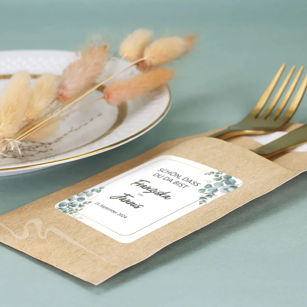 Bedruckte Bestecktaschen im 10-er Set zur Hochzeit - Eukalyptus
