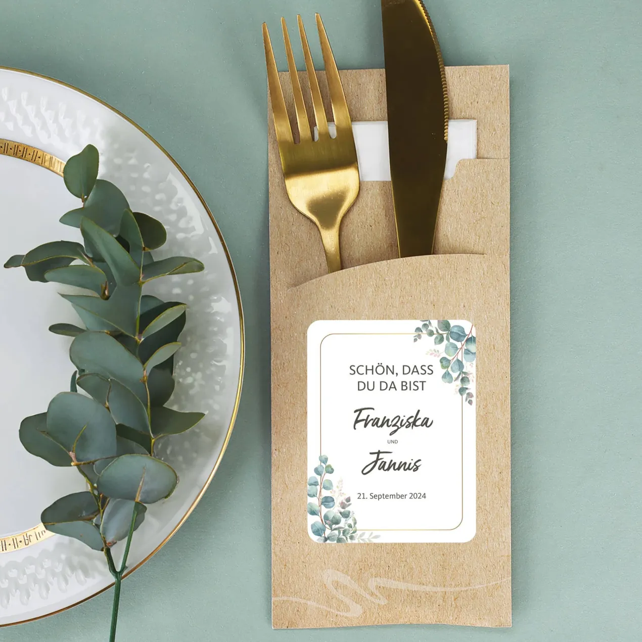 Bedruckte Bestecktaschen im 10-er Set zur Hochzeit - Eukalyptus