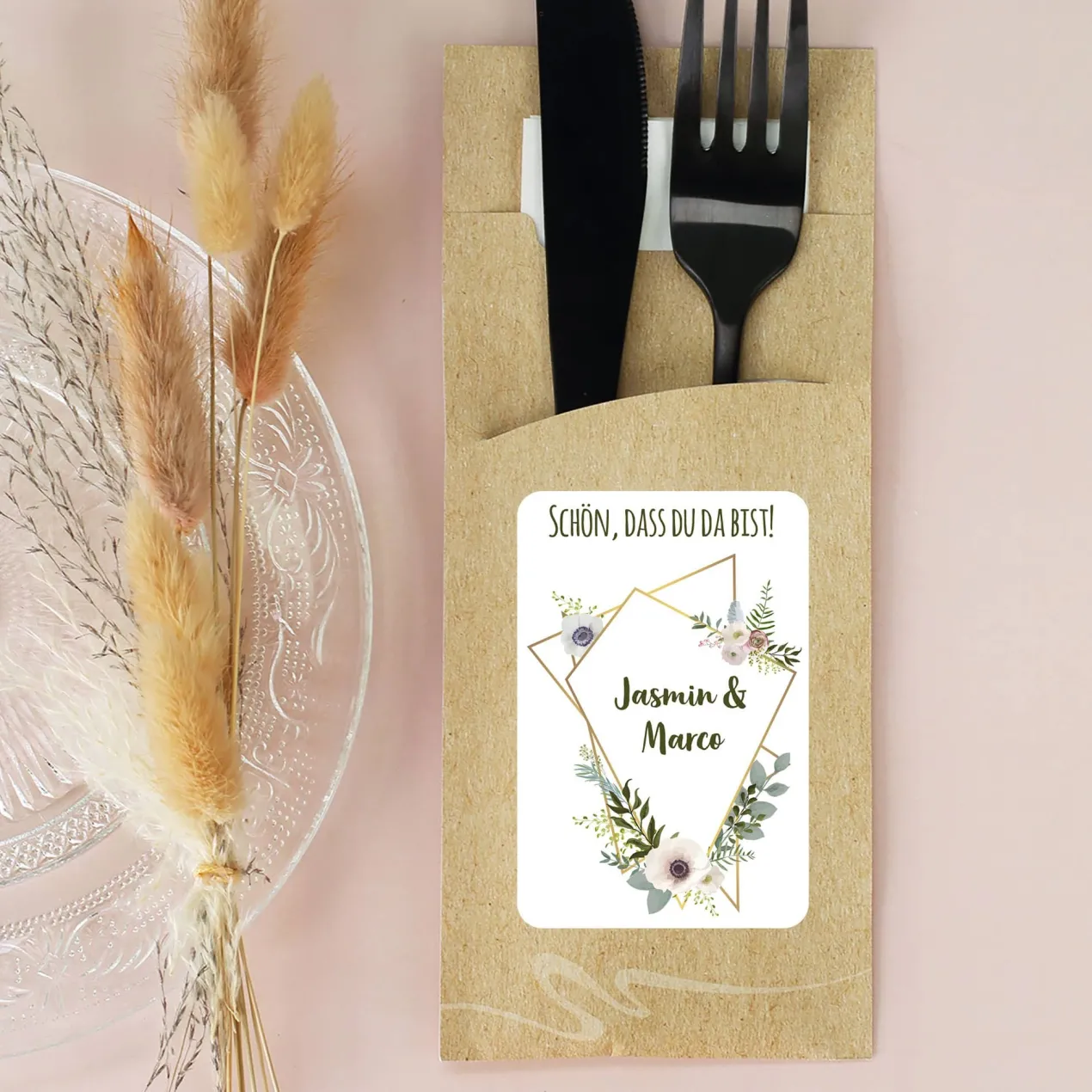 Bedruckte Bestecktaschen im 10-er Set zur Hochzeit - Schön, dass du da bist! - Modern