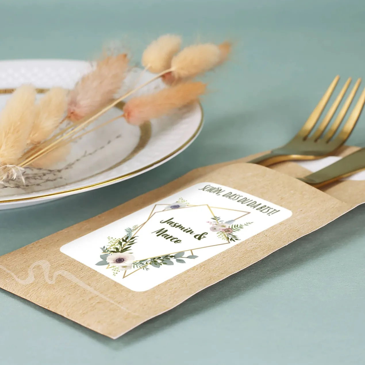 Bedruckte Bestecktaschen im 10-er Set zur Hochzeit - Schön, dass du da bist! - Modern