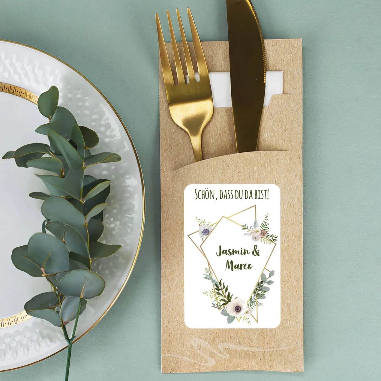 Bedruckte Bestecktaschen im 10-er Set zur Hochzeit - Schön, dass du da bist! - Modern