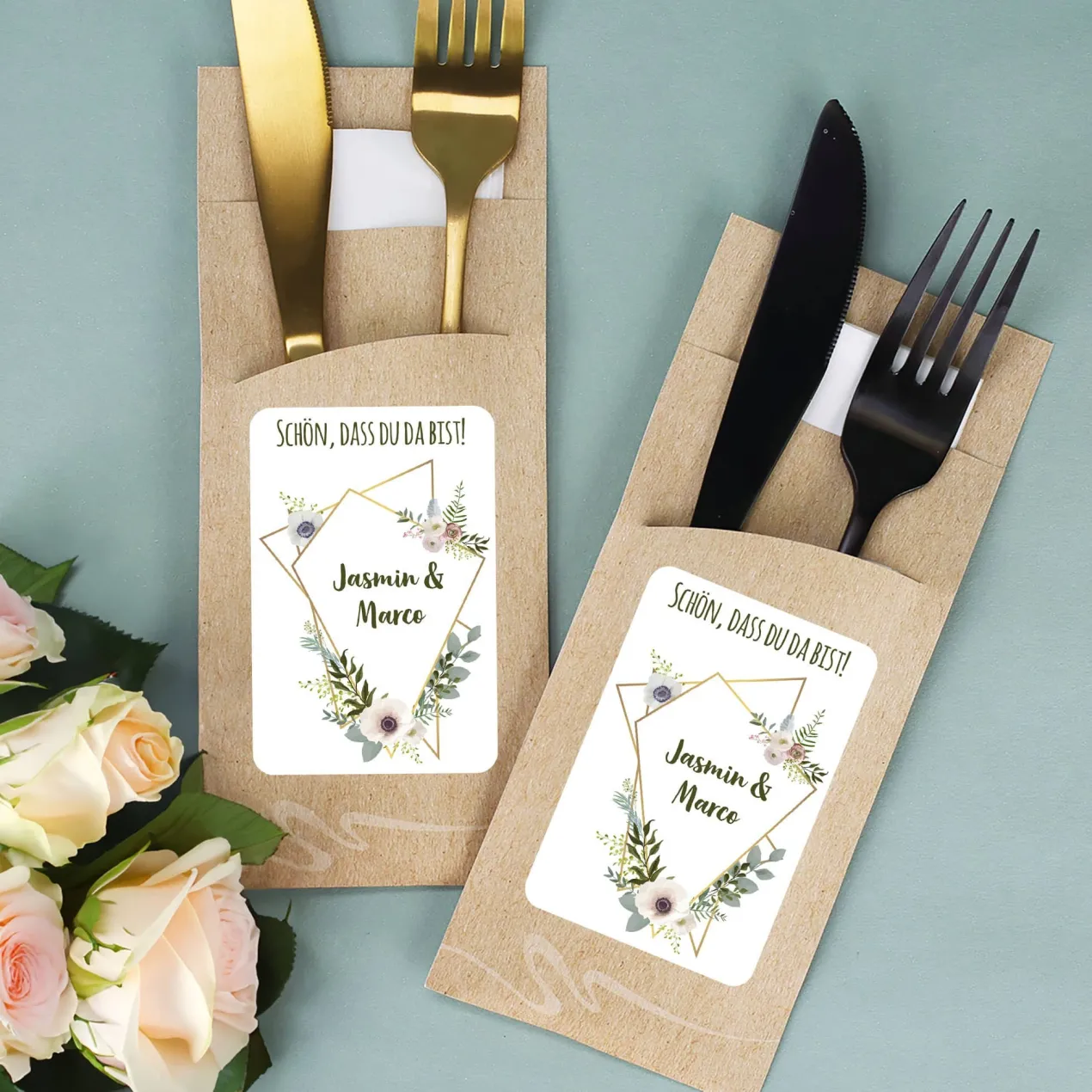 Bedruckte Bestecktaschen im 10-er Set zur Hochzeit - Schön, dass du da bist! - Modern