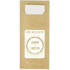 Bedruckte Bestecktaschen im 10-er Set zur Hochzeit - Schön, dass du da bist! - Gold Konfetti