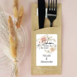 Bedruckte Bestecktaschen im 10-er Set zur Hochzeit - Schön, dass du da bist! - Blumen