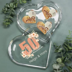 Bedruckte Glasdose in Herzform zur Goldenen Hochzeit