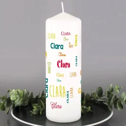 Bedruckte Kerze mit Namen in verschiedenen Schriftarten