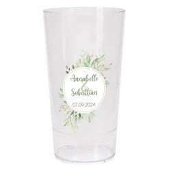 Bedruckter Stapelbecher mit Namen und Datum für Hochzeit, Polterabend, JGA