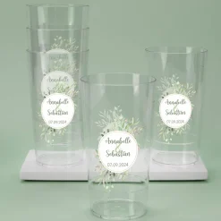 Bedruckter Stapelbecher mit Namen und Datum für Hochzeit, Polterabend, JGA