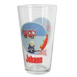 Bedrucktes Trinkglas mit Feuerwehrauto und Name