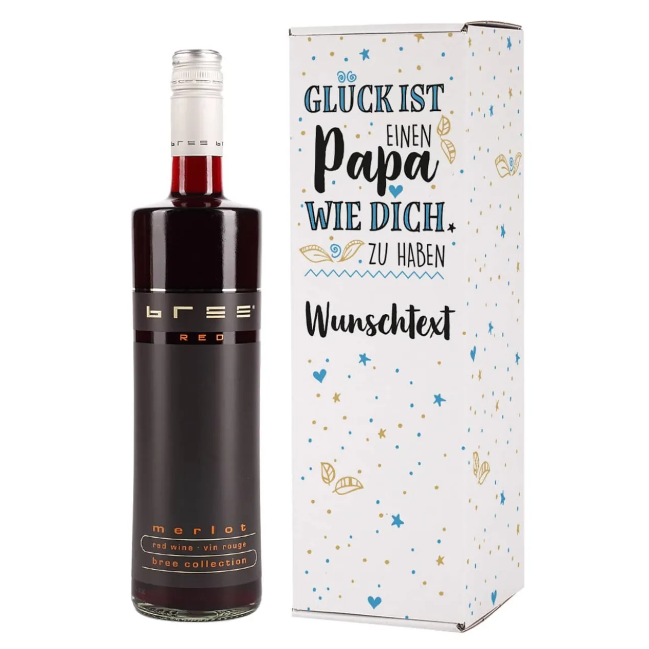 Bedruckte Verpackung mit BREE Weinflasche - für Papas zum Vatertag mit Wunschtext