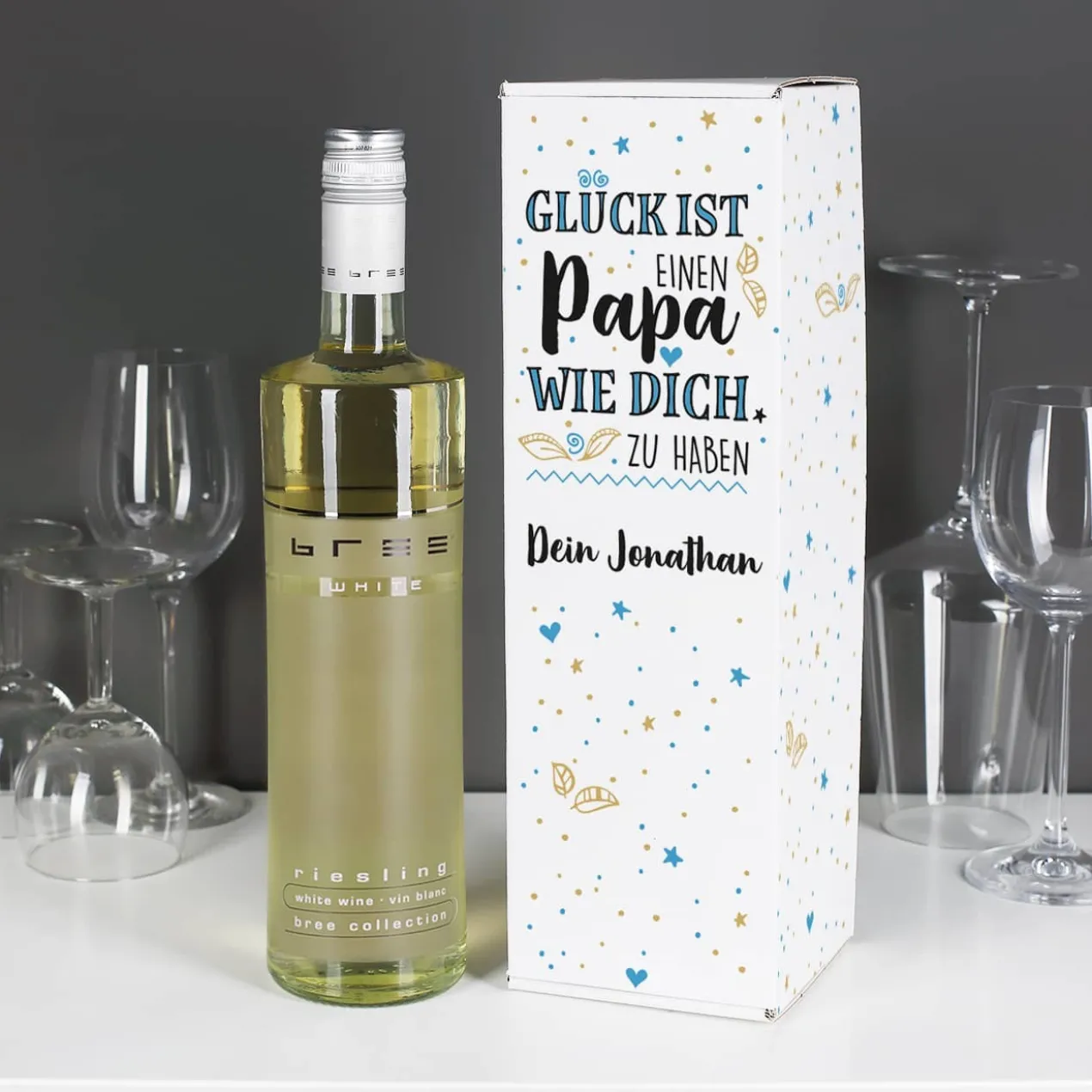 Bedruckte Verpackung mit BREE Weinflasche - für Papas zum Vatertag mit Wunschtext