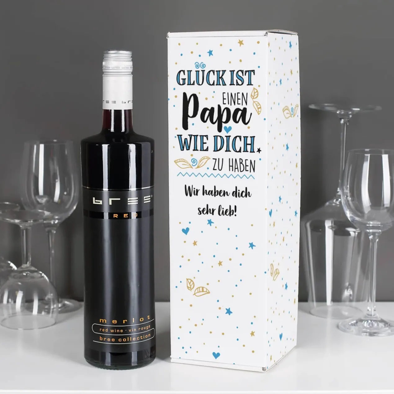 Bedruckte Verpackung mit BREE Weinflasche - für Papas zum Vatertag mit Wunschtext