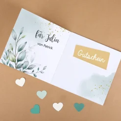 Besondere Gutscheinkarte mit Watercolor Elementen und 3 Zeilen Wunschtext