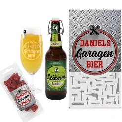 Bier-Geschenkset für Feierabendbier, Garagenbier und mehr, mit graviertem Glas & Snack