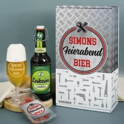 Bier-Geschenkset für Feierabendbier, Garagenbier und mehr, mit graviertem Glas & Snack