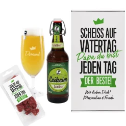 Bier - Geschenkset zum Vatertag in persönlicher Box mit graviertem Glas und Snack