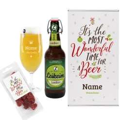 Bier-Geschenkset zu Weihnachten mit gravierter Pilstulpe, Bierflasche und Salami-Herzen