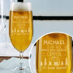 Bierglas für Camper - Es gibt viele Wege zum Glück - mit Namensgravur