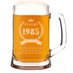 Bierglas mit Name, Geburtsjahr und Wunschtext