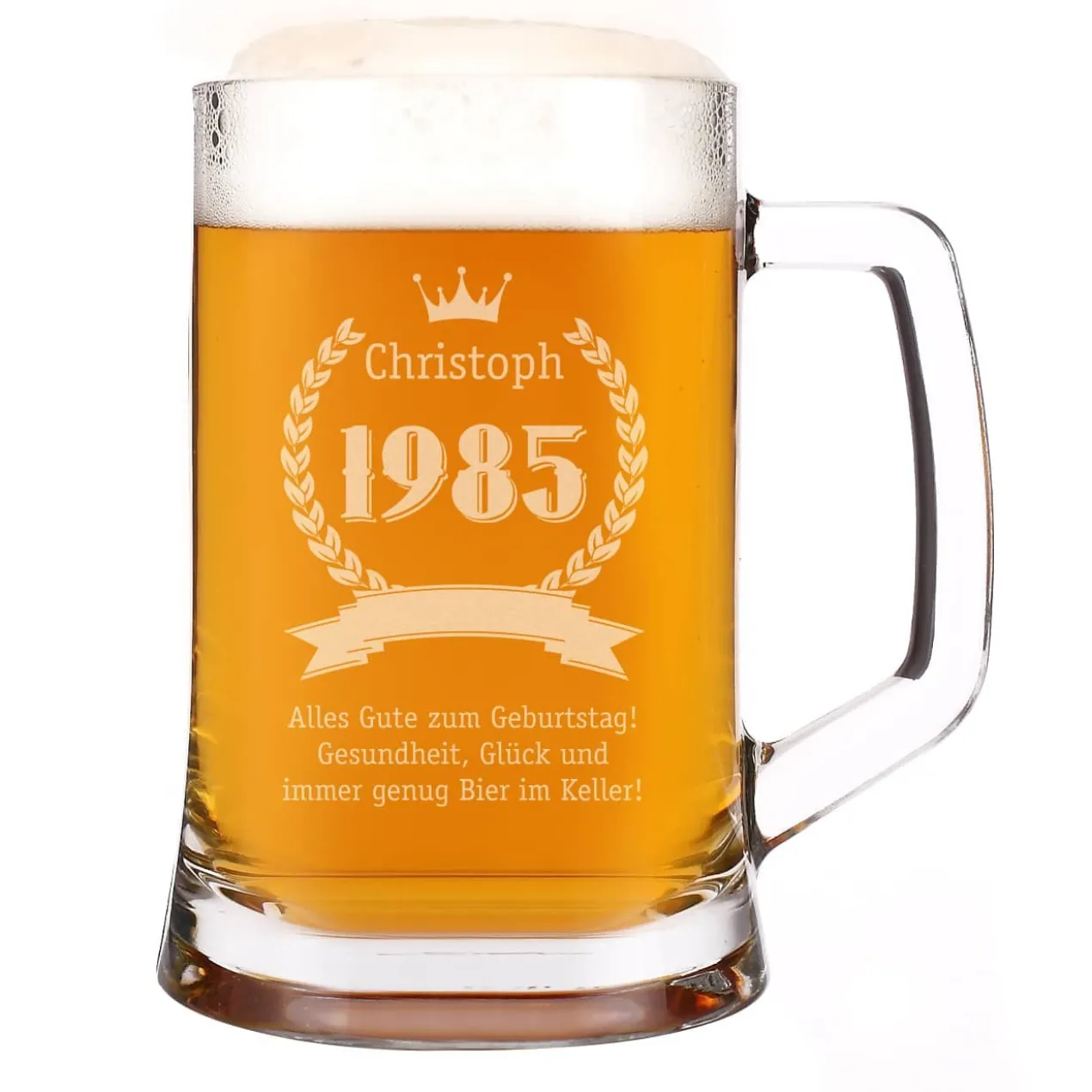 Bierglas mit Name, Geburtsjahr und Wunschtext