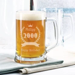 Bierglas mit Name, Geburtsjahr und Wunschtext