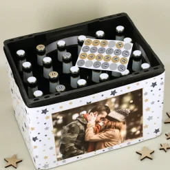 Bierkasten-Adventskalender mit Foto und weihnachtlichem Sternenmotiv