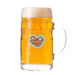 Bierkrug in Lederhosenoptik personalisiert mit Name und Lebkuchenherz Motiv | Bierglas 0,5l