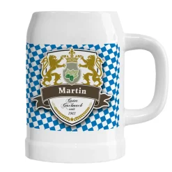 Bierkrug mit eigenem Namen im Löwen-Wappen