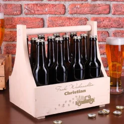 Bierträger aus Holz mit Weihnachtsmotiv und Name