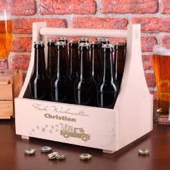 Bierträger aus Holz mit Weihnachtsmotiv und Name