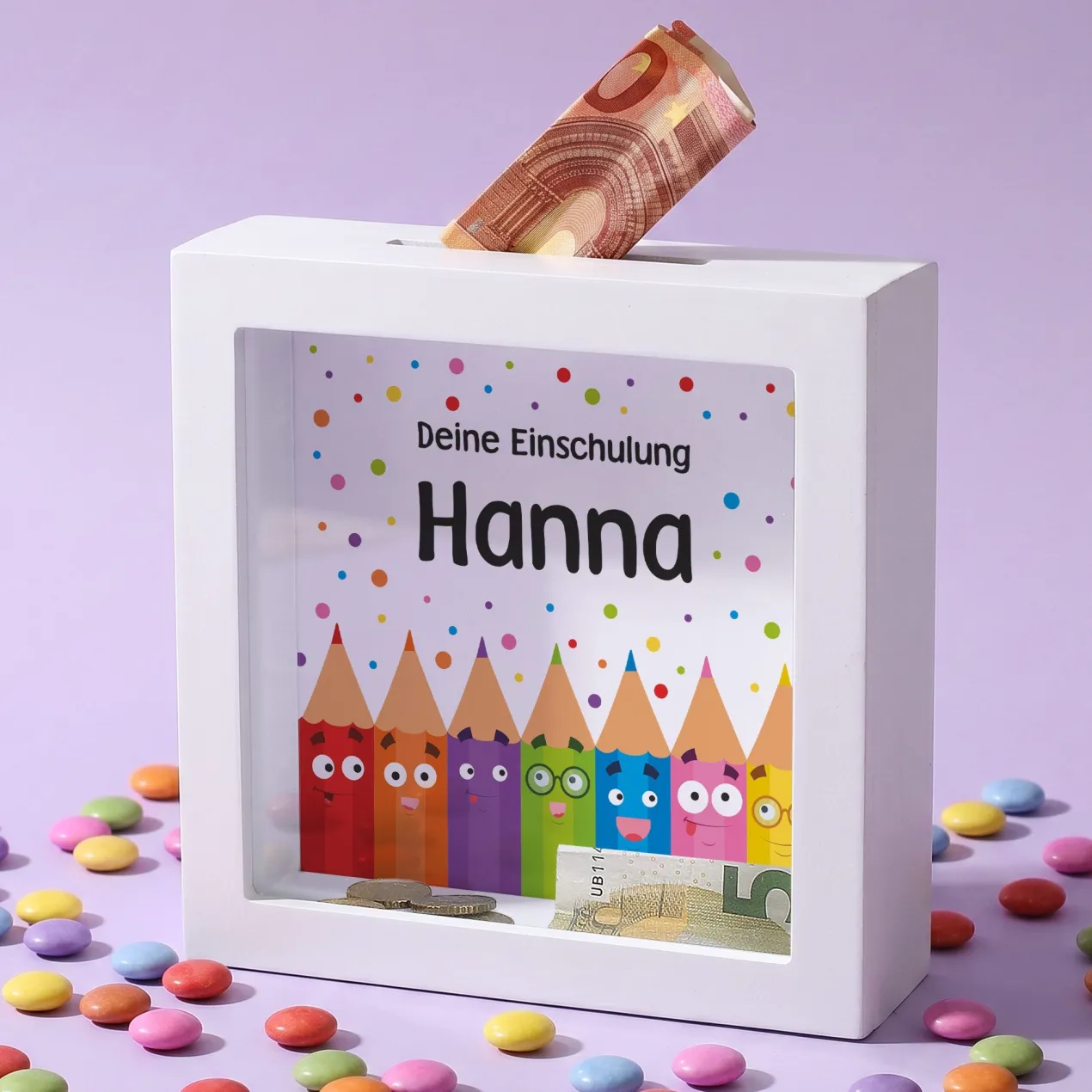 Bilderrahmen Spardose als Geschenk zur Einschulung personalisiert mit Name | Buntstifte