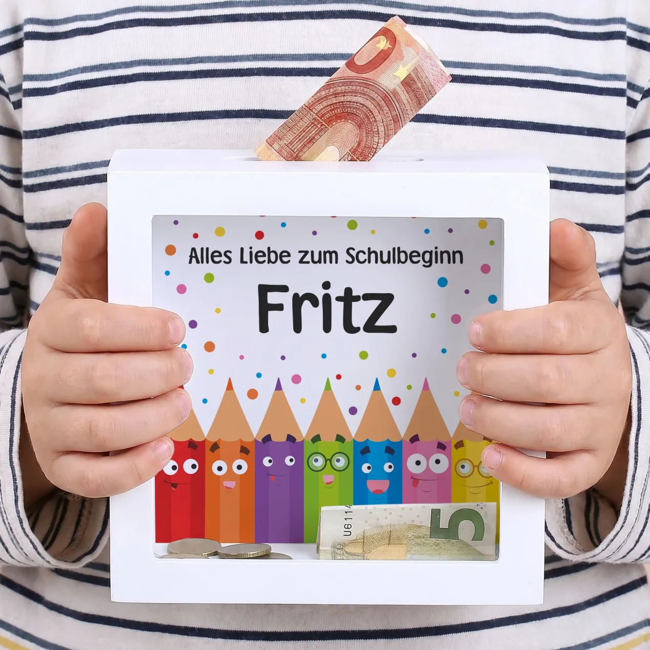 Bilderrahmen Spardose als Geschenk zur Einschulung personalisiert mit Name | Buntstifte