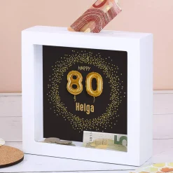 Bilderrahmen-Spardose für Geldgeschenke und Gutscheine zum 80. Geburtstag, 15x15cm
