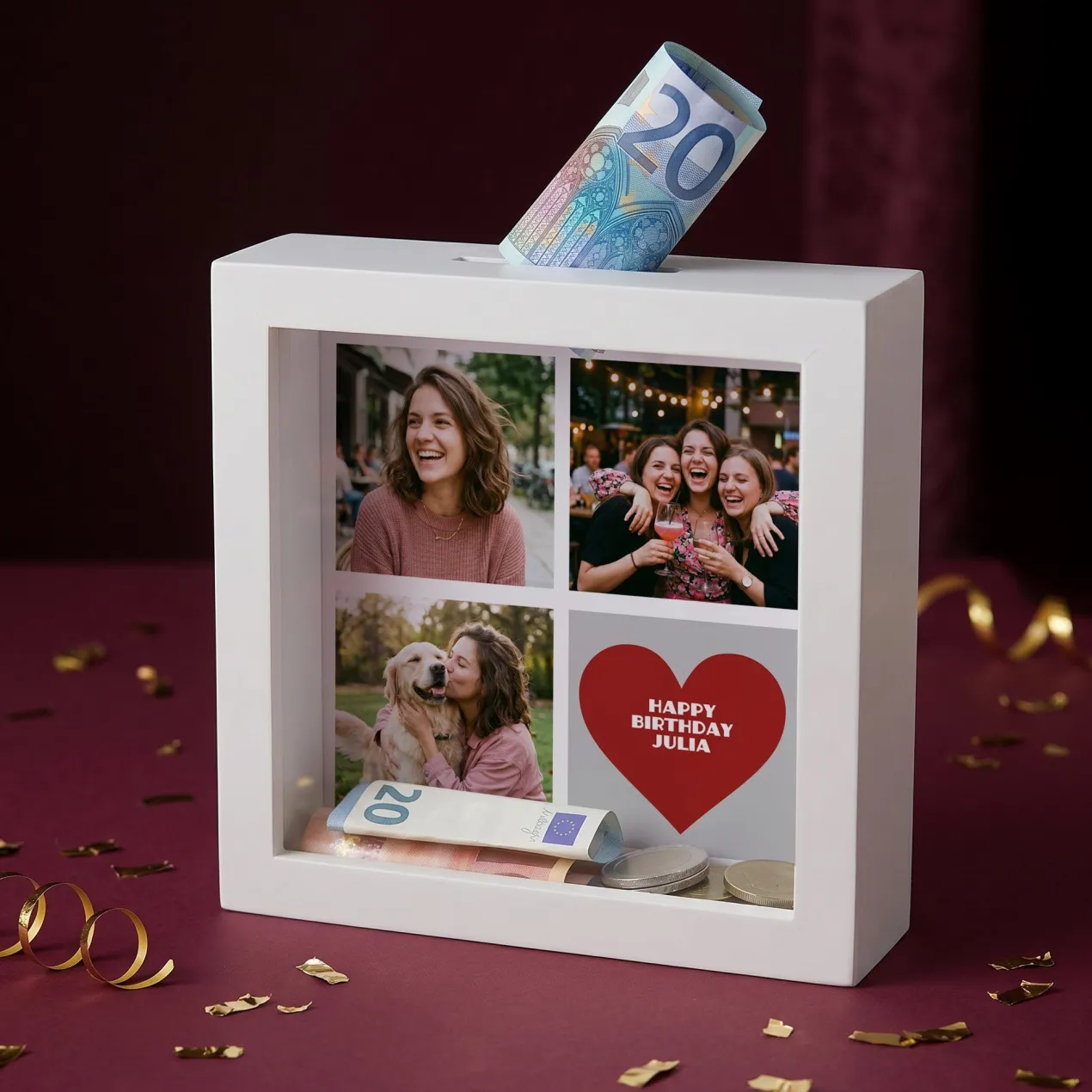 Bilderrahmen Spardose mit drei Fotos und Ihrem Wunschtext